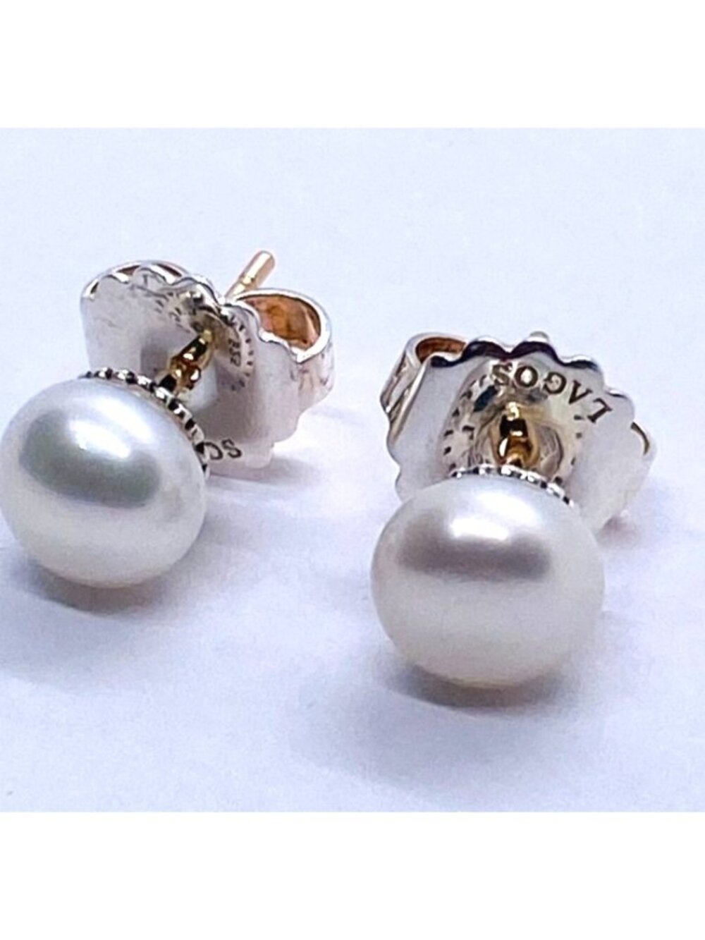Lagos Sterling Silver 925 Luna Pearl Earrings 8mm 14K Post - Picture 2 of 8